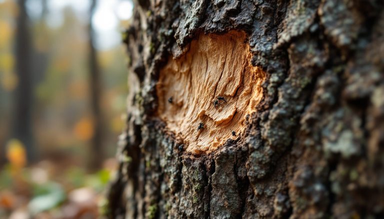 A photograph of a close-up view of a rotting tree