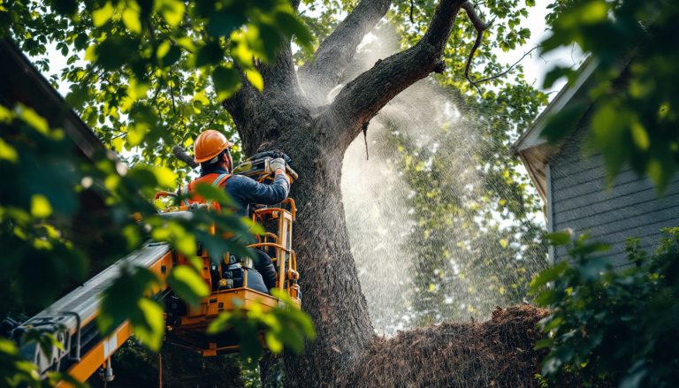 A photograph of a professional arborist in action