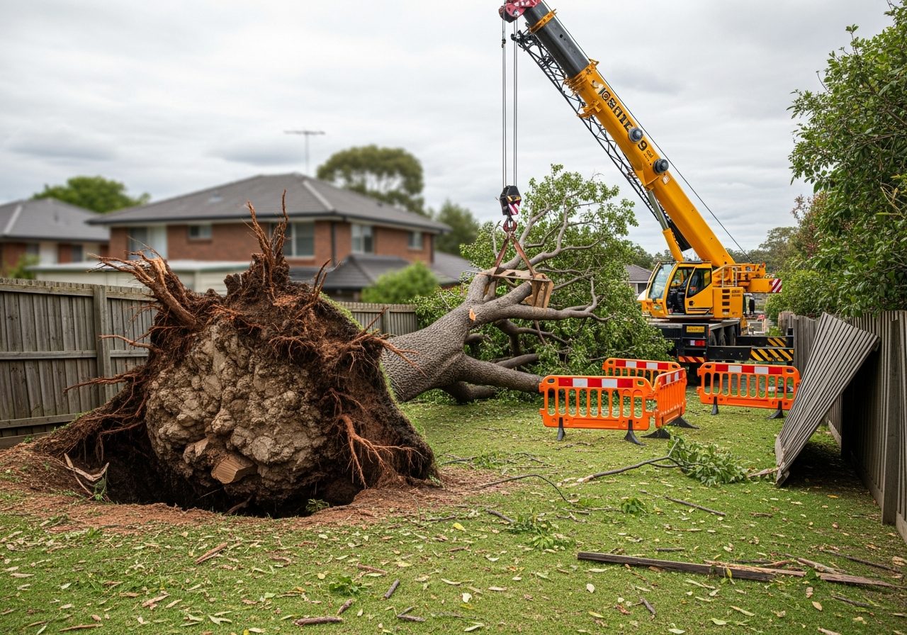 Uprooted tree with exposed roots in suburban backyard, crane nearby, safety barriers, damaged fence, and house in background after storm
