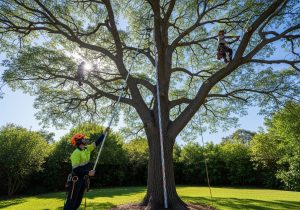 Arborist assessing a large mature tree with visible branches in a Sydney backyard, dappled sunlight filtering through the canopy above manic