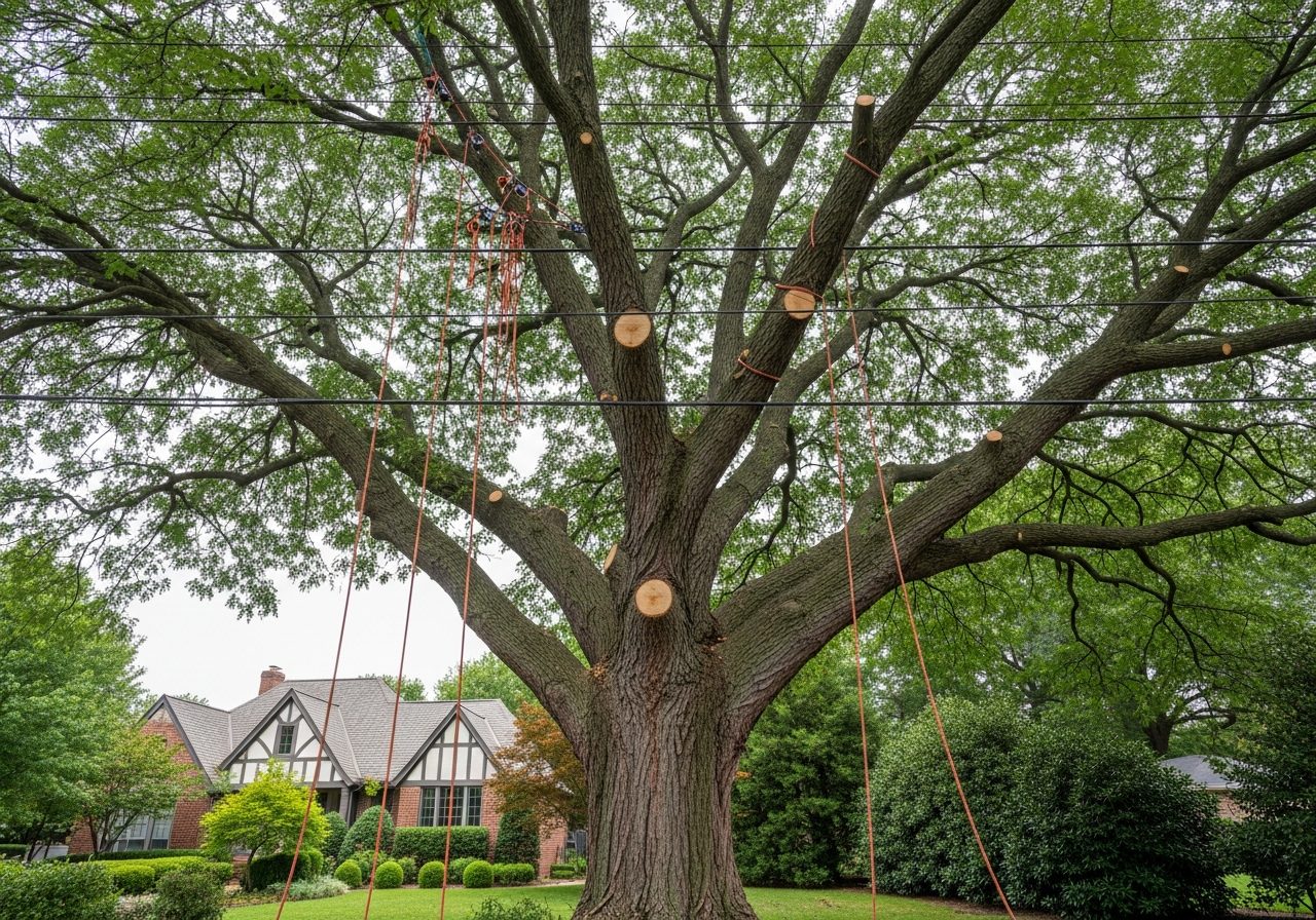Mature tree with thick trunk and pruned upper branches in residential yard, house and power lines visible in background.