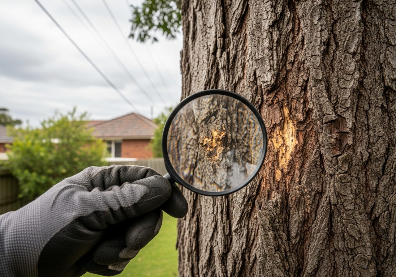 Arborist's gloved hand holding magnifying glass, inspecting diseased tree bark at base of mature tree in Sydney backyard