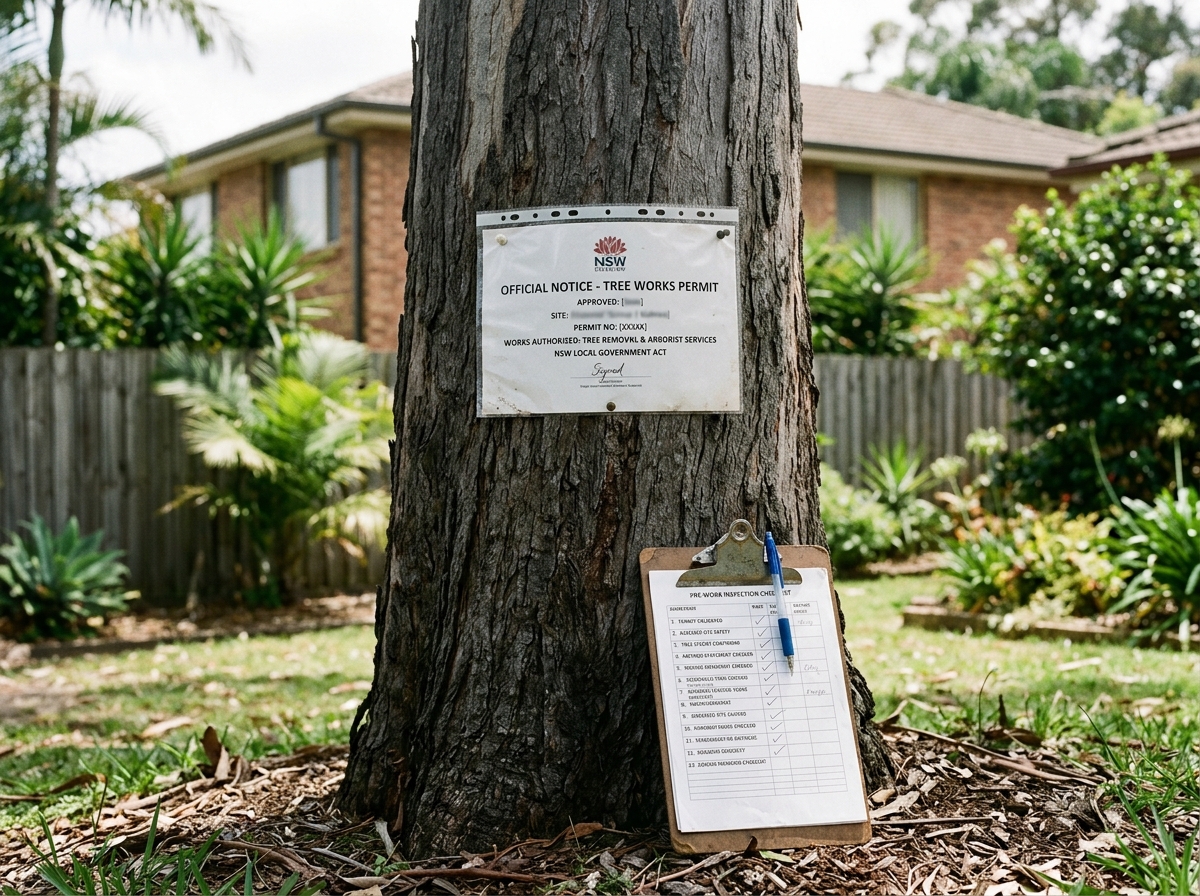 Council permit notice attached to tree trunk with clipboard and inspection checklist in suburban Sydney backyard