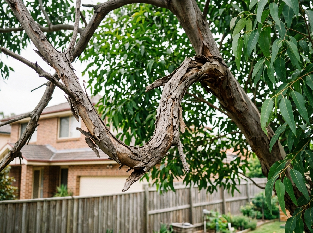 Dead branch with peeling gray bark hanging from a living tree with green foliage, residential house visible blurred in background