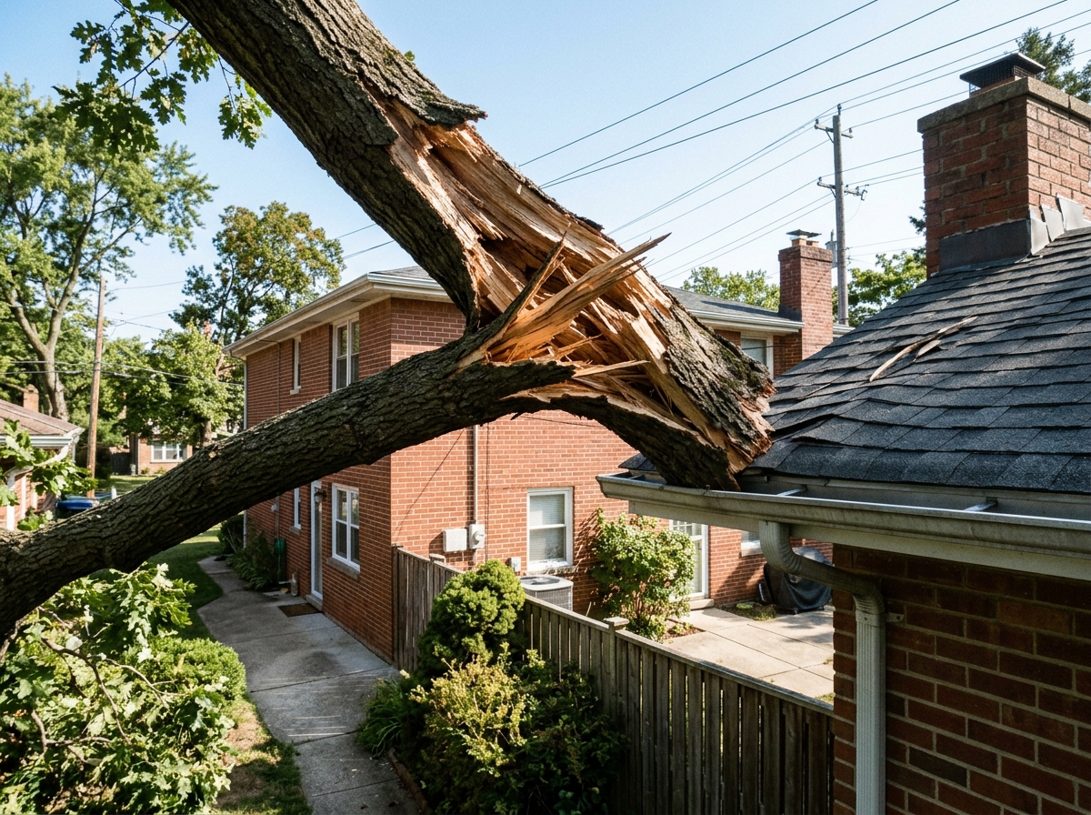A large broken tree branch hangs dangerously over a brick house roof with visible wood splinters and tension.