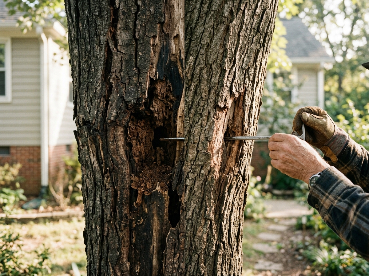 Close-up of damaged tree trunk with deep cracks and rot beside healthy wood grain, house foundation blurred in background.