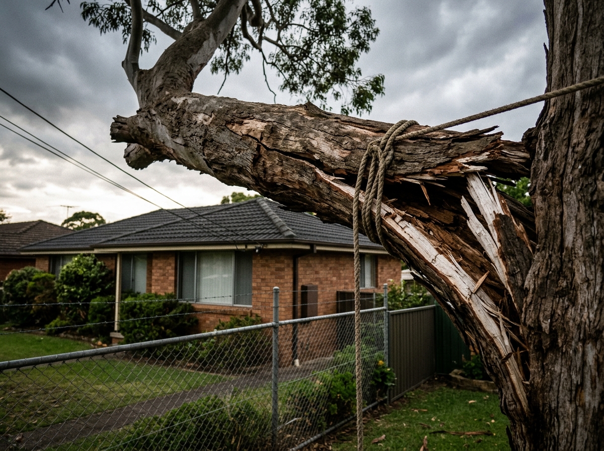 A cracked tree branch under tension suspended above a residential house and fence, showing structural stress and property risk.