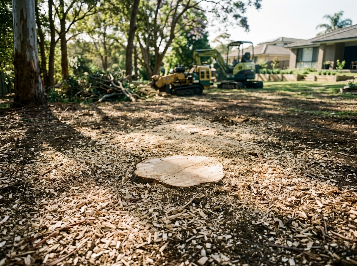 Freshly ground tree stump with wood chips scattered around it and dappled sunlight filtering through remaining trees