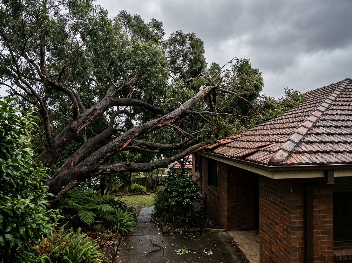 Large tree with dense overgrown canopy pressing against residential roofline, with displaced roof tiles visible at the junction.