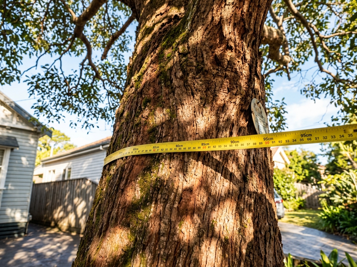 Close-up of tree trunk with growth rings and measuring tape, suburban house and fence blurred in background