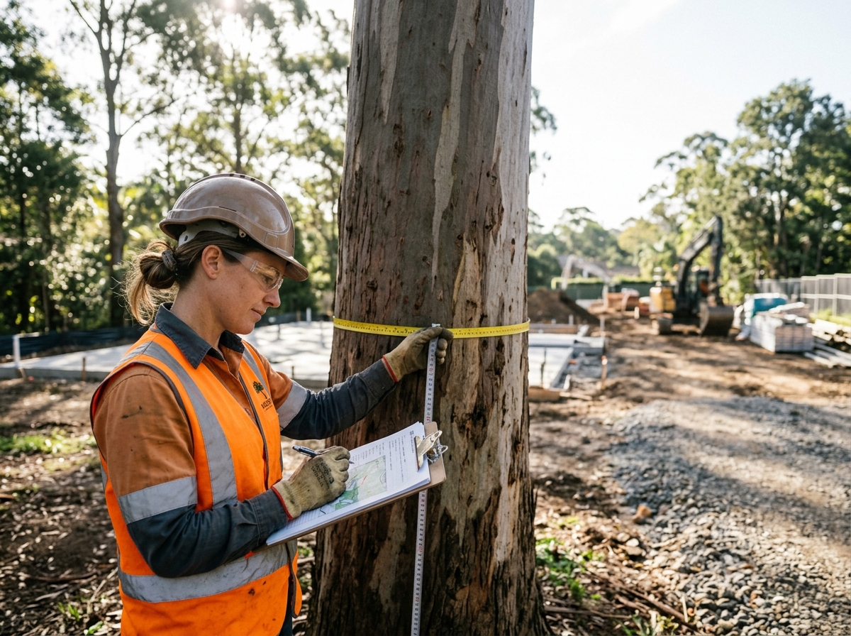 Arborist in safety gear with clipboard and measuring tape inspecting a large mature tree on a property with construction site and equipment