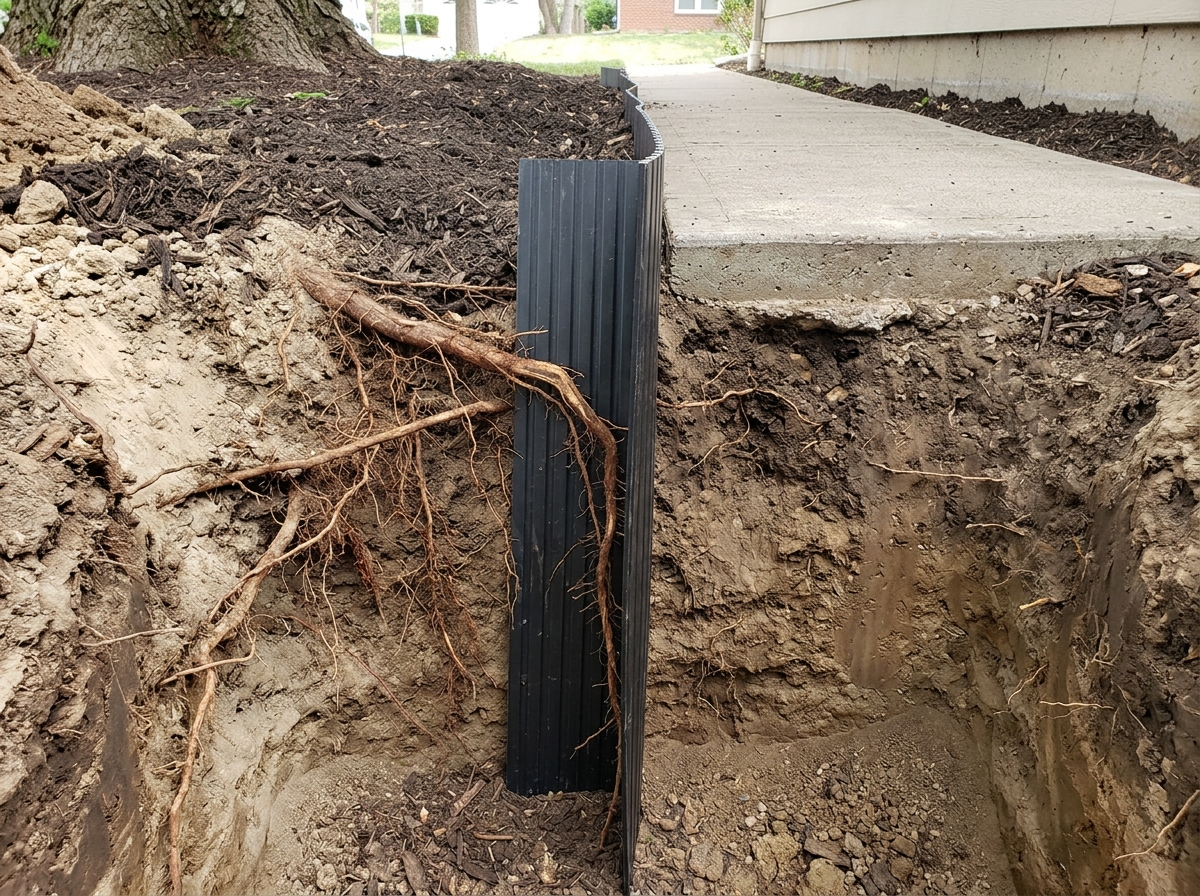 Cross-section of soil showing a vertical root barrier deflecting tree roots, with visible soil layers near a building foundation.