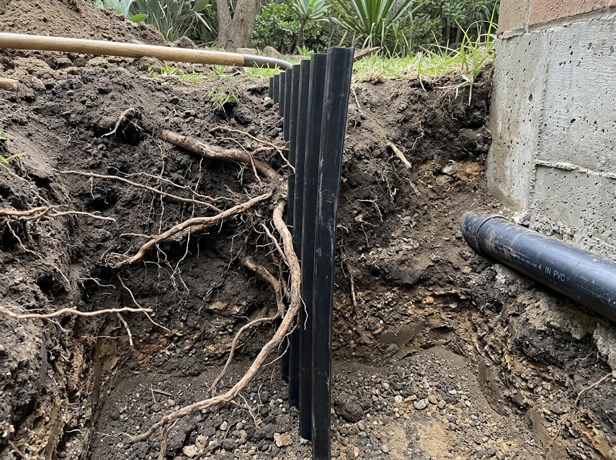 Cross-section of soil showing a vertical root barrier deflecting tree roots away from a foundation structure in residential garden.