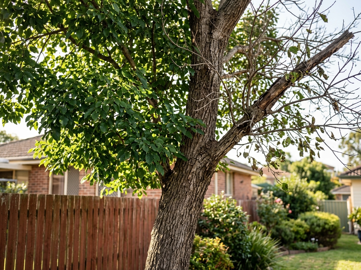 Mature tree with green foliage on one side and bare branches on the other, showing seasonal decline in a Sydney backyard with fence and hous