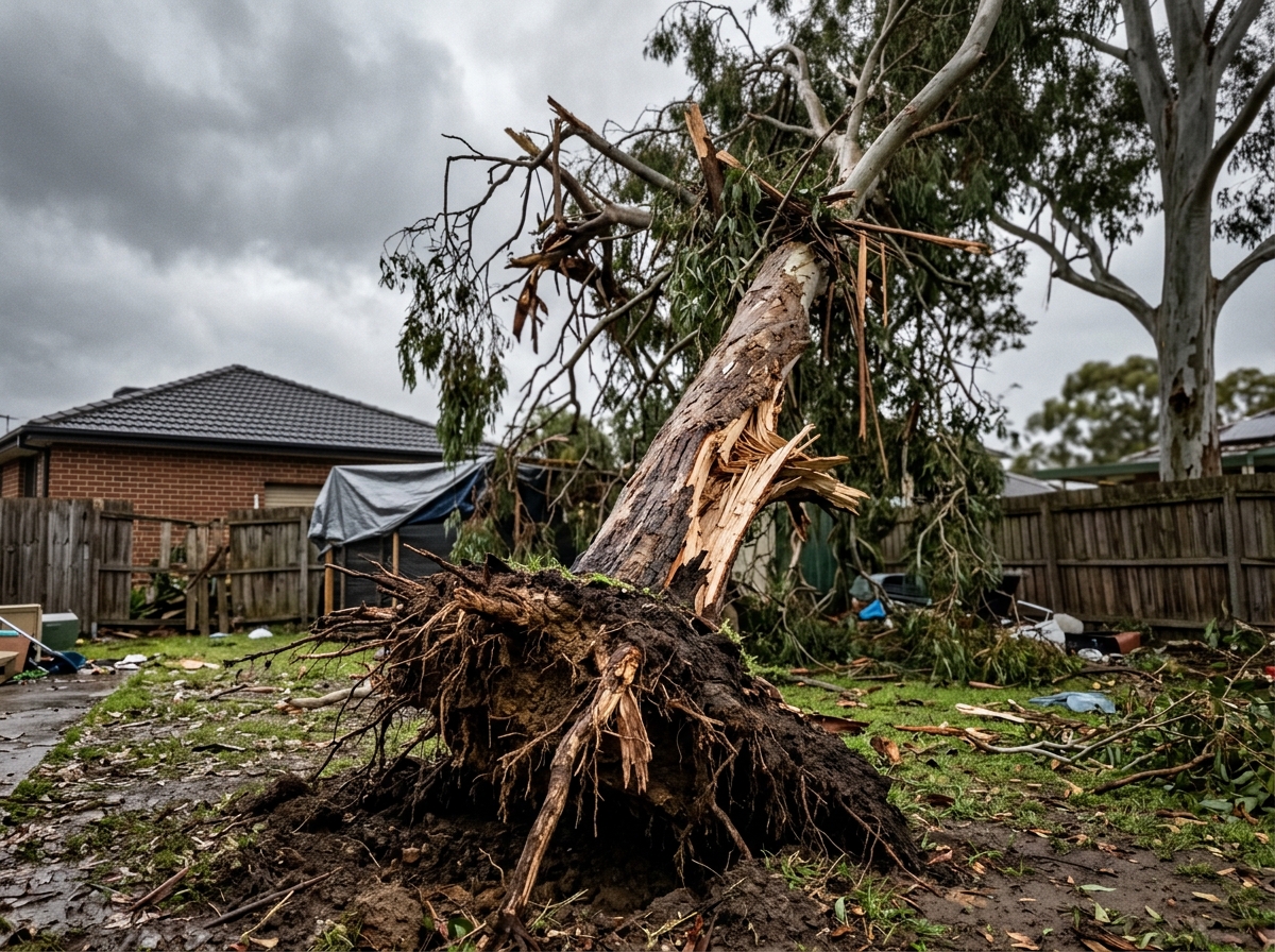 A partially uprooted tree leans at a dangerous angle in a suburban backyard, its exposed roots and splintered trunk visible, with broken bra