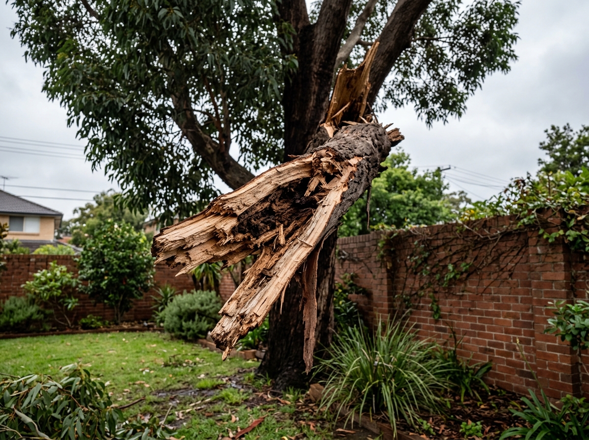 Large tree with a broken branch hanging at an angle, exposing raw wood grain. Sydney backyard with brick fence and green lawn under overcast