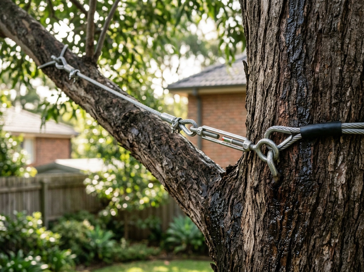 Close-up of metal cable and brace system securing a tree's co-dominant stem, with soft sunlight filtering through the canopy.
