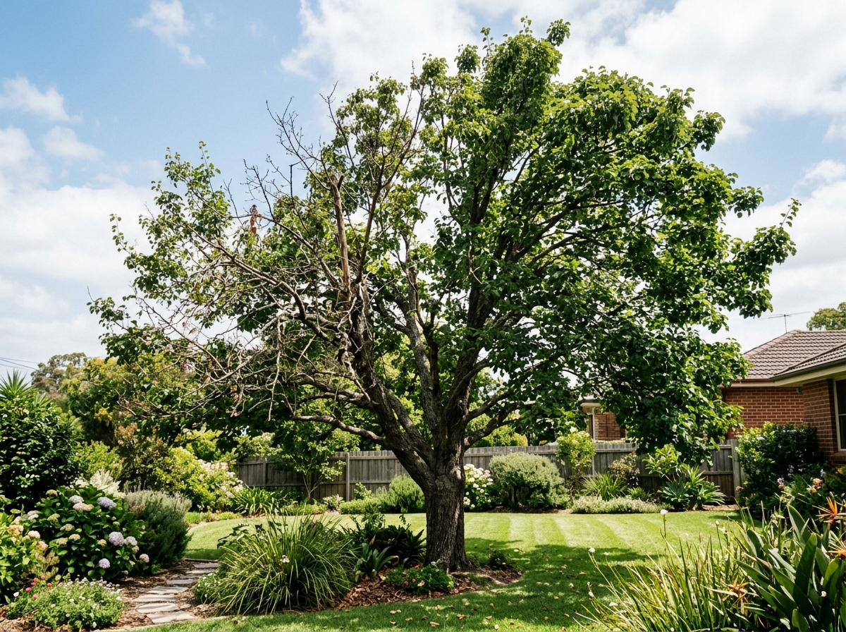 Mature tree with uneven canopy showing sparse branches on one side and dense growth on the other, with visible deadwood, standing in a resid