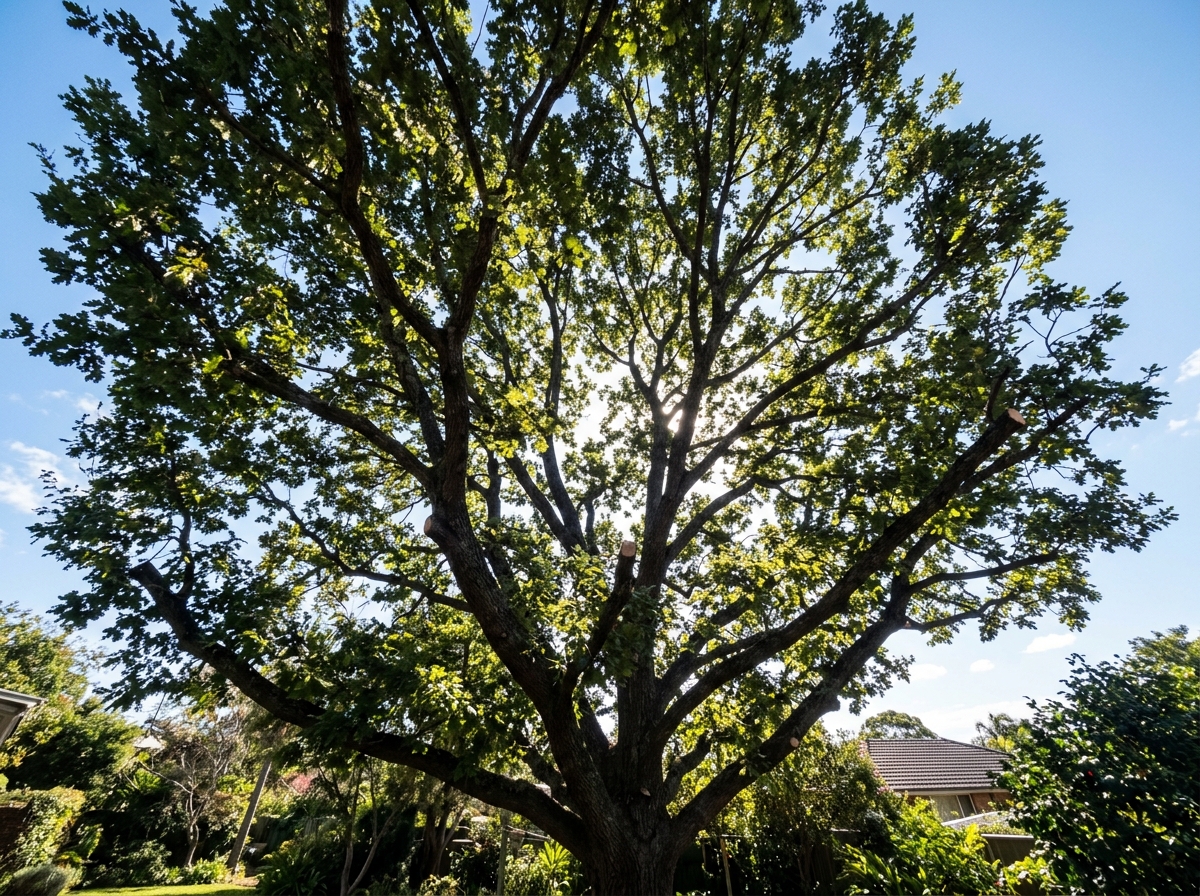 Mature tree with selectively pruned branches showing gaps and increased light filtering through the thinned canopy in a residential garden.