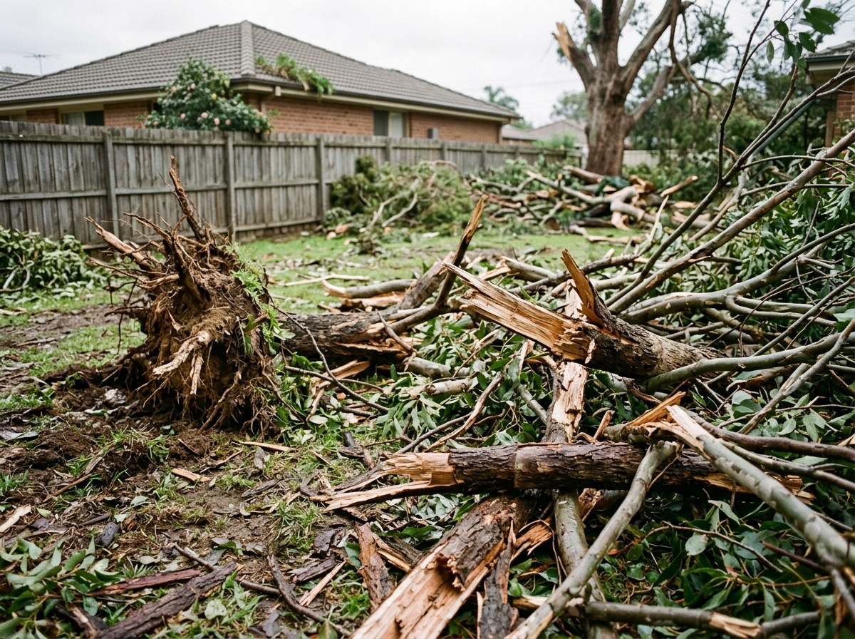 Scattered tree debris including broken branches, splintered logs, and uprooted root ball in a residential backyard after storm damage.