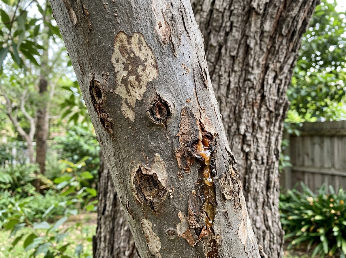 Close-up of tree bark with disease symptoms including discolored patches, small cankers, and oozing sap on a mature trunk.