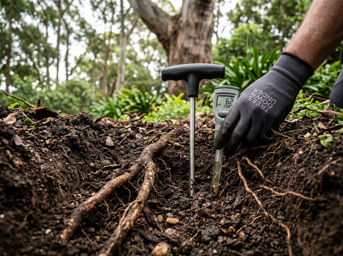 Close-up of dark soil with visible layers and tree roots, with a pH meter inserted into the earth in a garden bed.