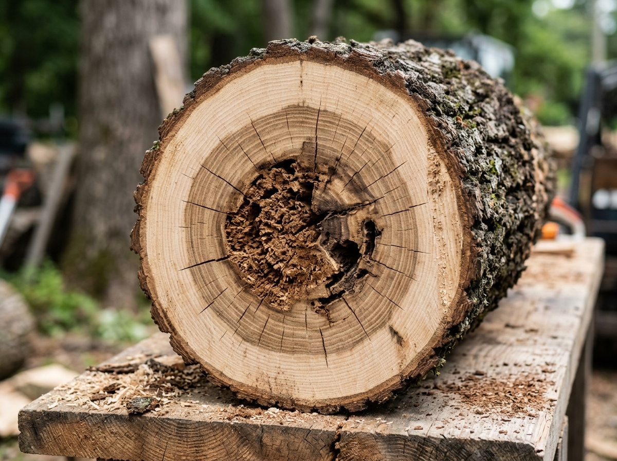 Close-up of a tree trunk cross-section showing growth rings and a dark decayed core surrounded by healthy wood.