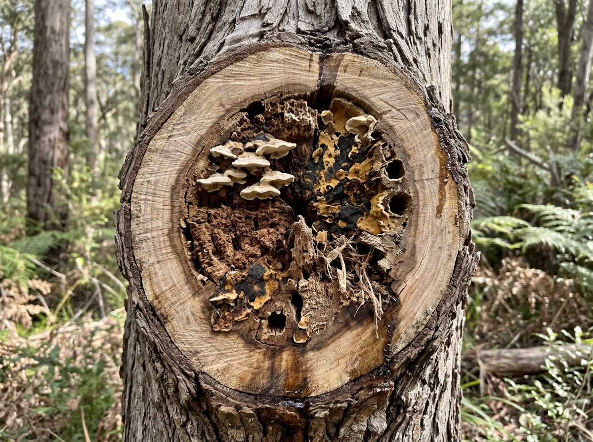Close-up of tree trunk cross-section showing dark decay and fungal growth contrasting with healthy wood rings in forest setting.