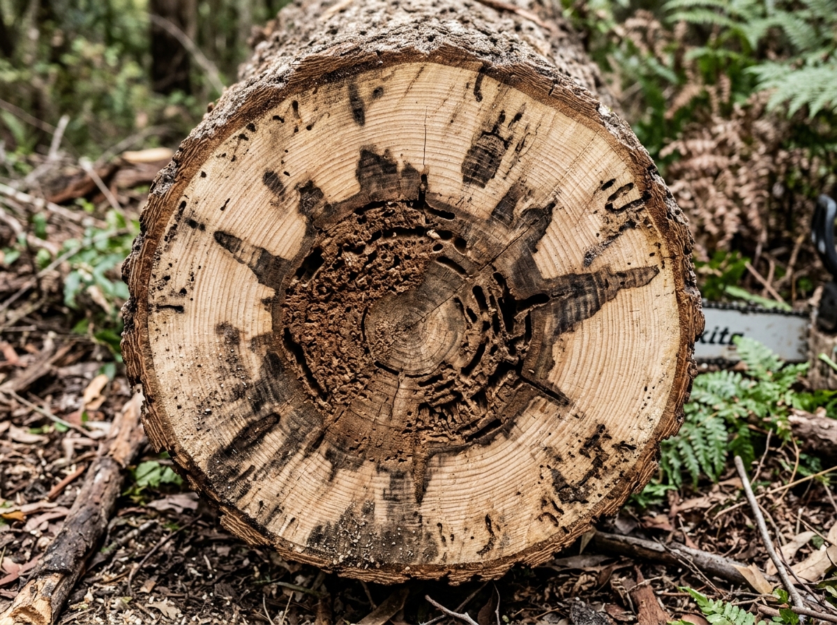Close-up of a freshly cut tree trunk cross-section showing growth rings, internal decay, pest damage, and discolored deterioration patterns