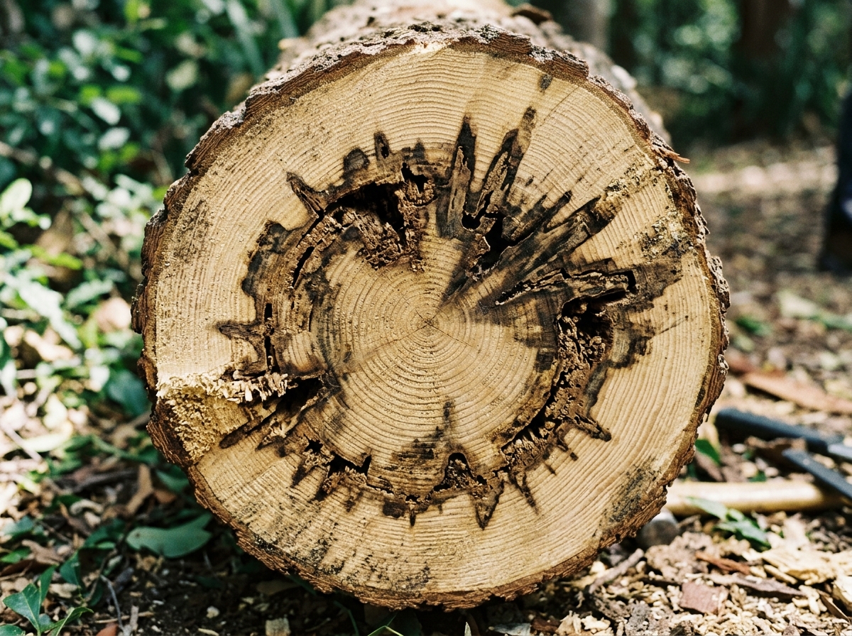 Close-up of tree trunk cross-section showing growth rings, decay patterns, and rot damage contrasted with healthy wood in natural light.
