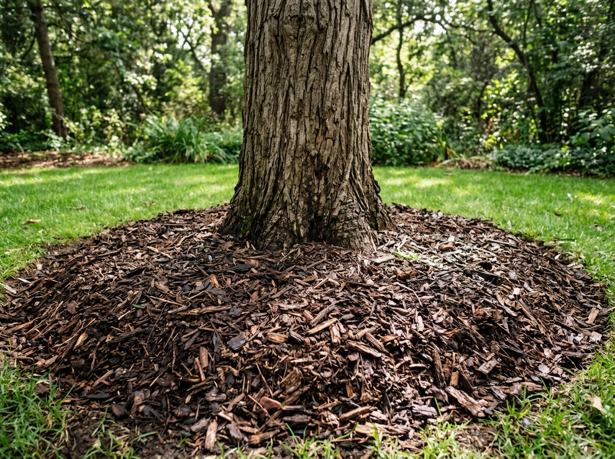 Dark mulch layered around a mature tree trunk with wood chips, surrounded by green grass under dappled sunlight.