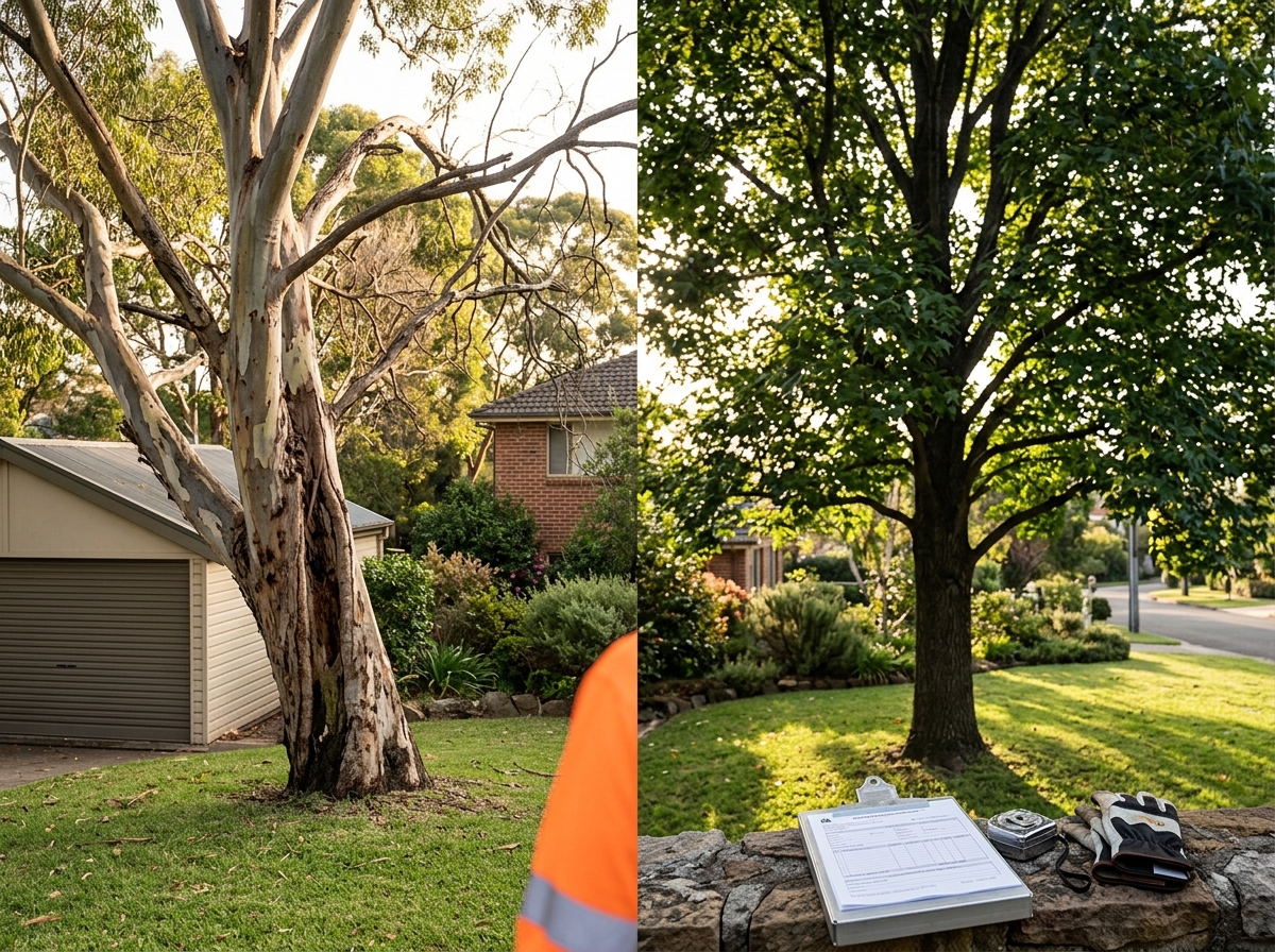 Mature tree with split trunk and dead branches beside a healthy thriving tree in residential landscape, golden morning light filtering throu