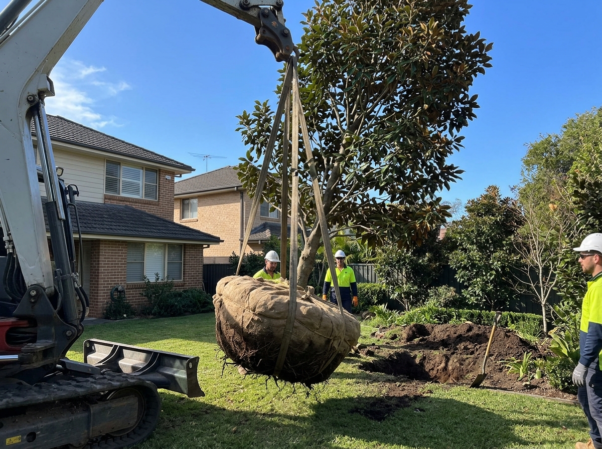 Mature tree with burlap-wrapped root ball suspended by straps during relocation on Sydney residential property with prepared planting hole.
