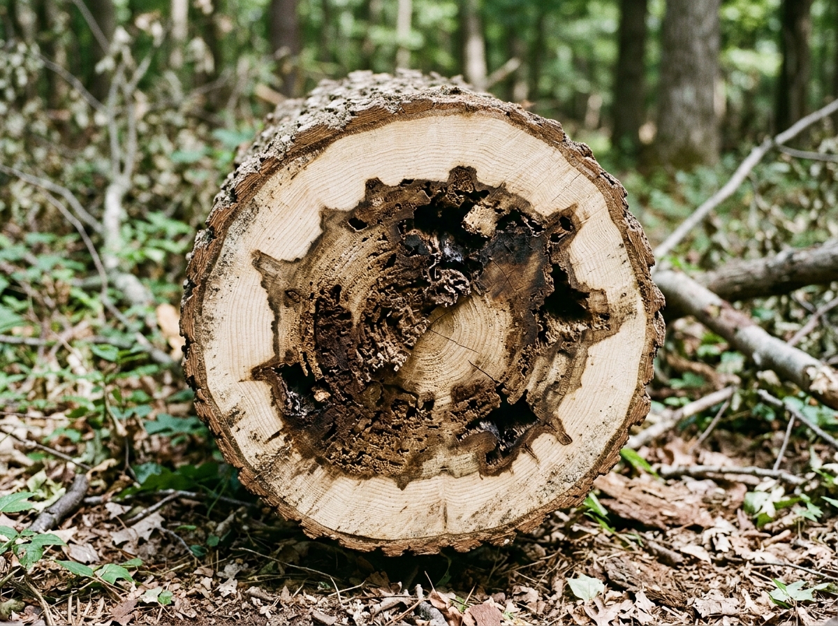 Close-up of a tree trunk cross-section showing internal decay and rot patterns beneath intact bark, lying on forest ground.