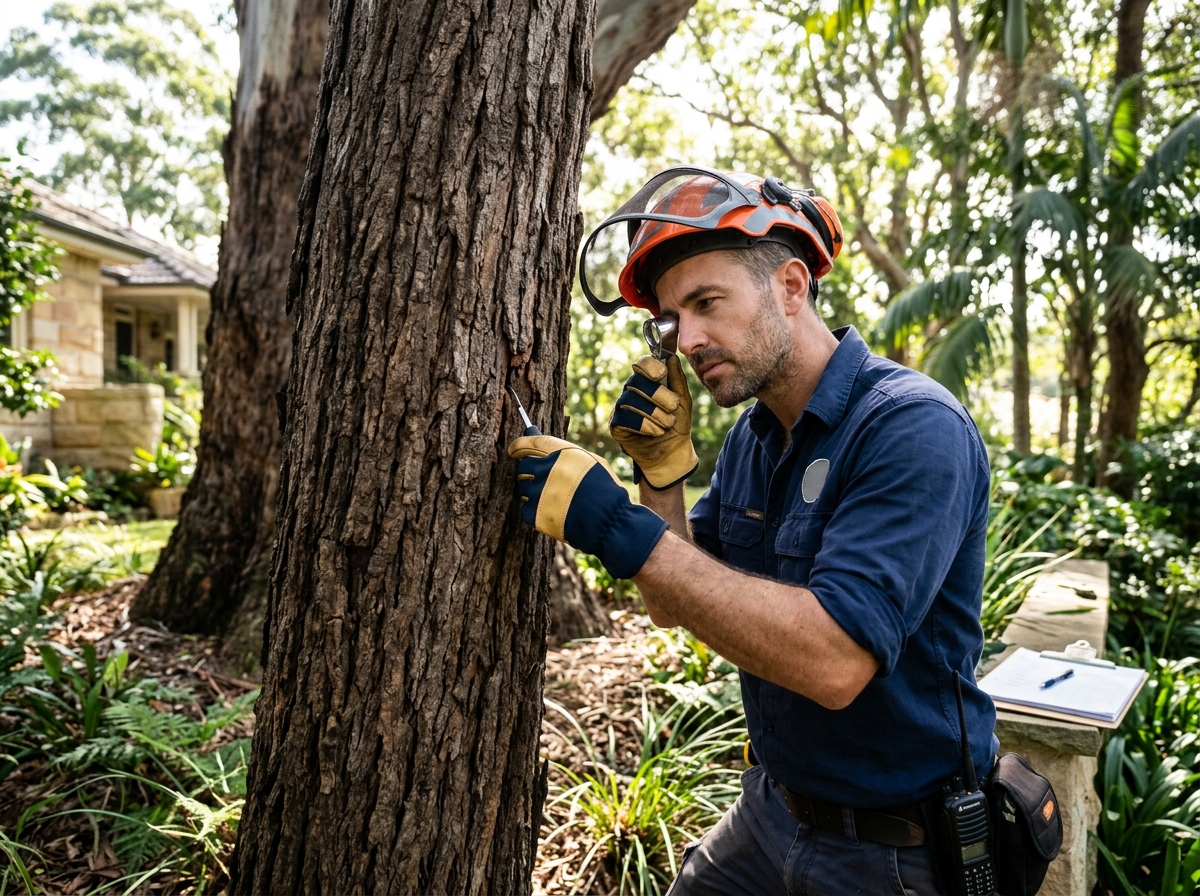 Arborist in safety gear inspecting tree bark with magnifying tool on residential Sydney property, clipboard nearby.