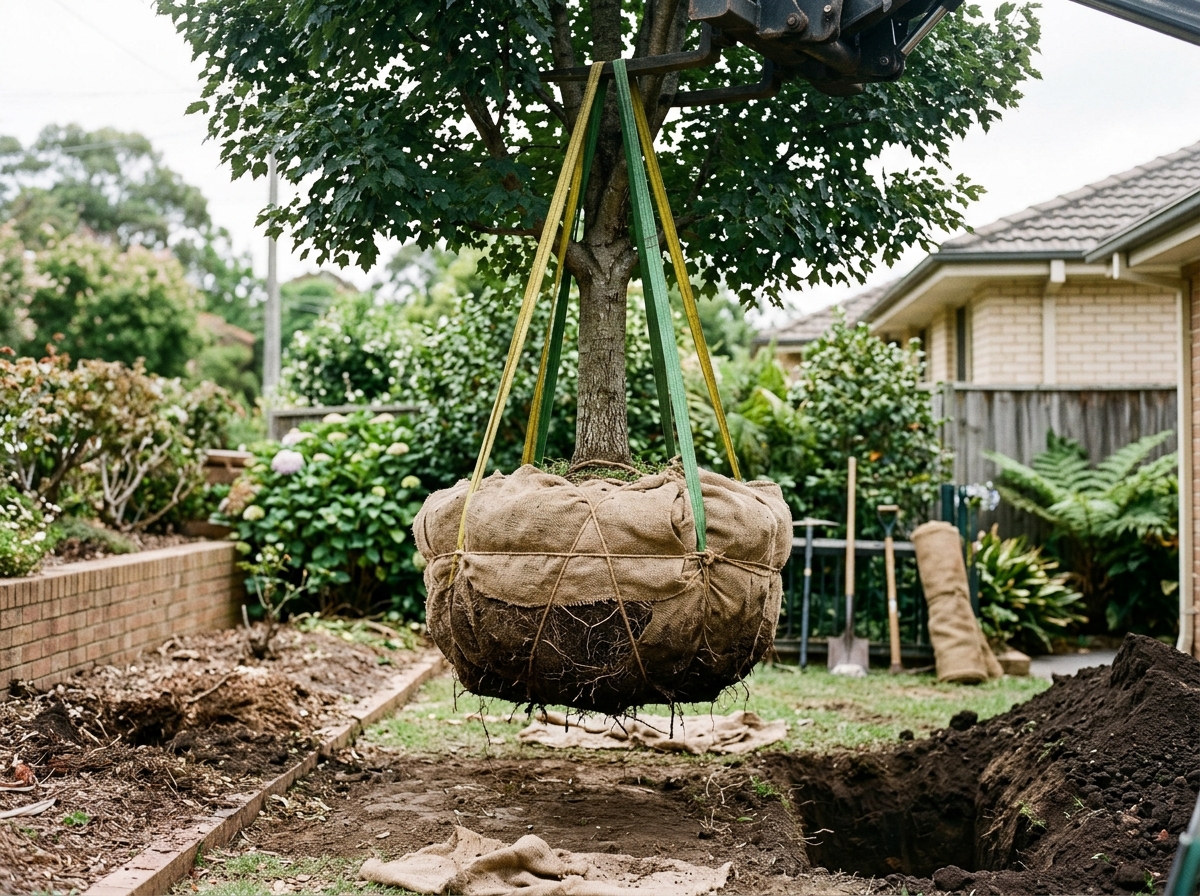 Mature tree with burlap-wrapped root ball suspended by straps during transplant, showing exposed roots and soil, with original and new plant