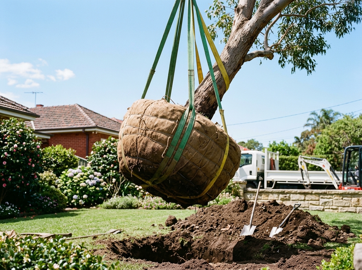 Large mature tree with burlap-wrapped root ball suspended by straps during relocation in a Sydney garden, with construction equipment visibl