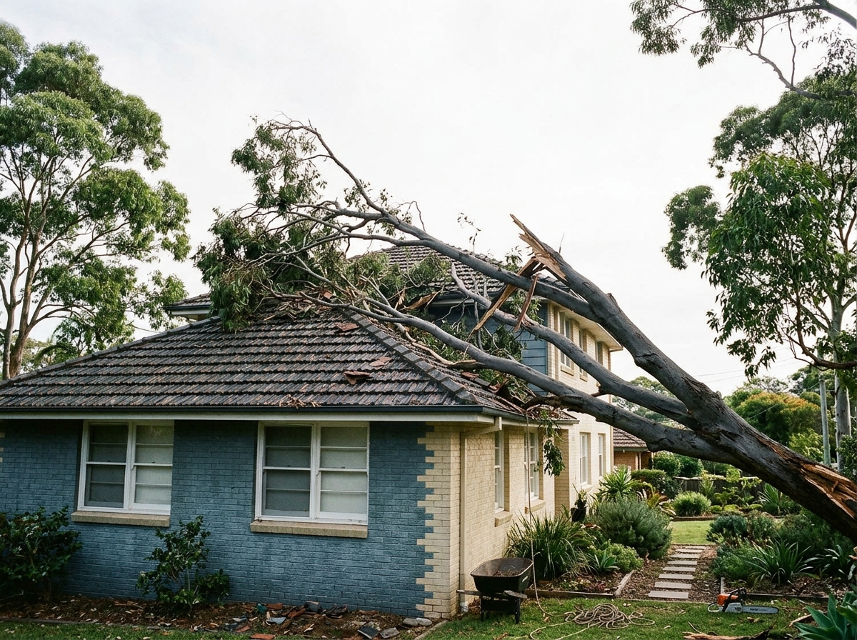 Large fallen tree branch lying across a residential roof with visible damage to roof tiles and house structure in a suburban backyard.