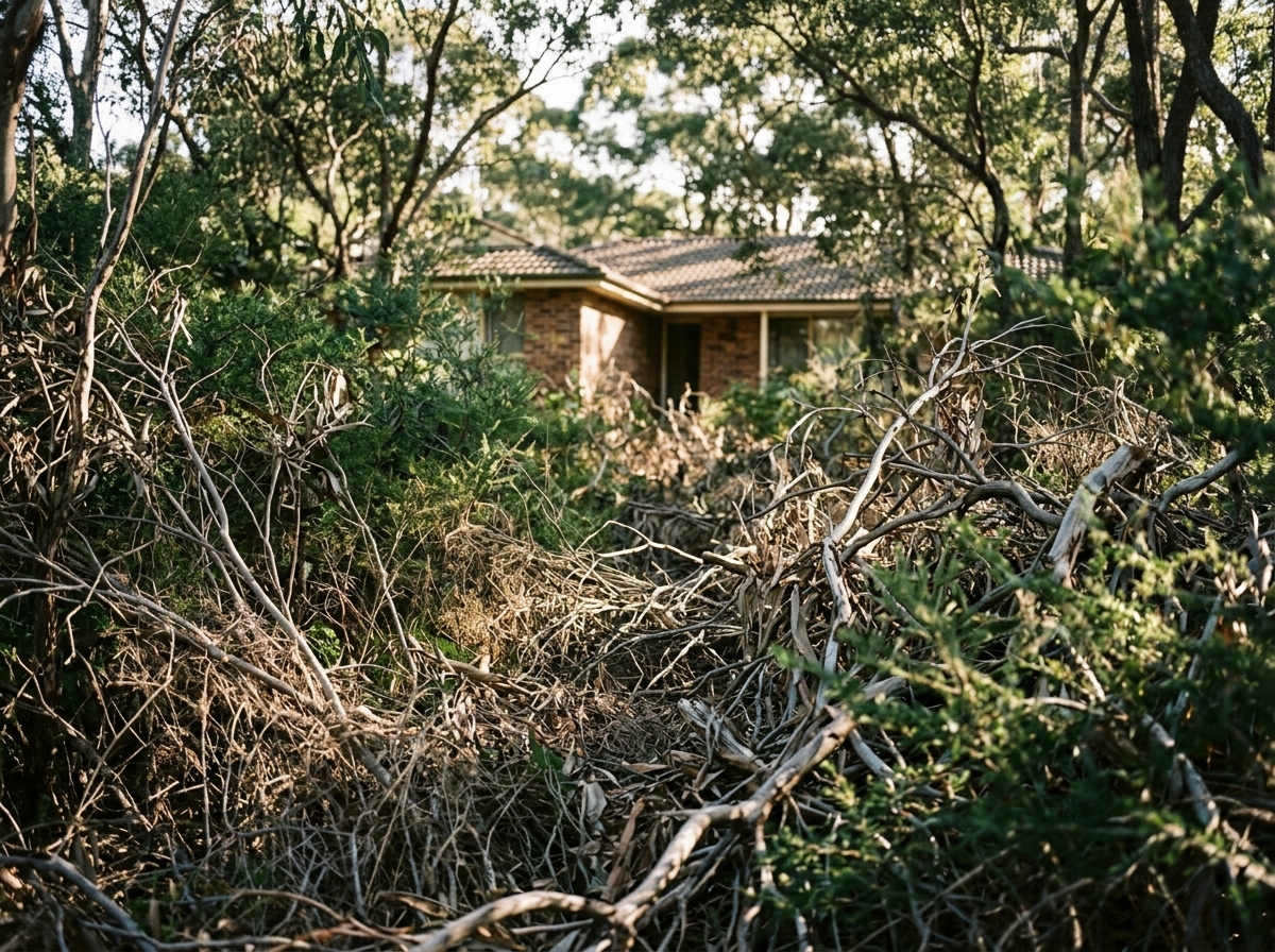 Overgrown suburban property with dense vegetation, dead branches, and thick undergrowth creating a fire hazard, with a house visible in the