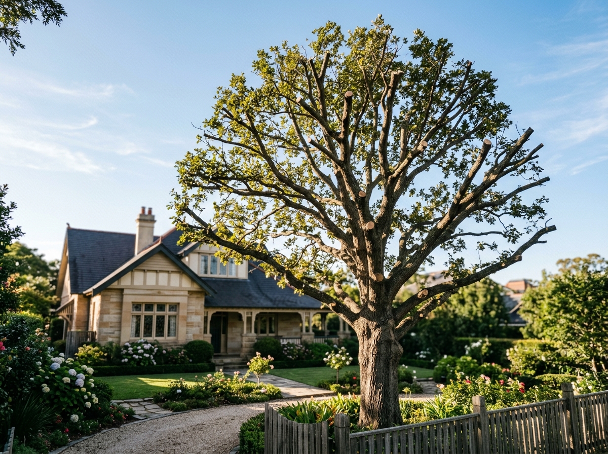 Mature heritage tree with professionally pruned crown, dappled sunlight through canopy, period home visible behind in manicured garden.