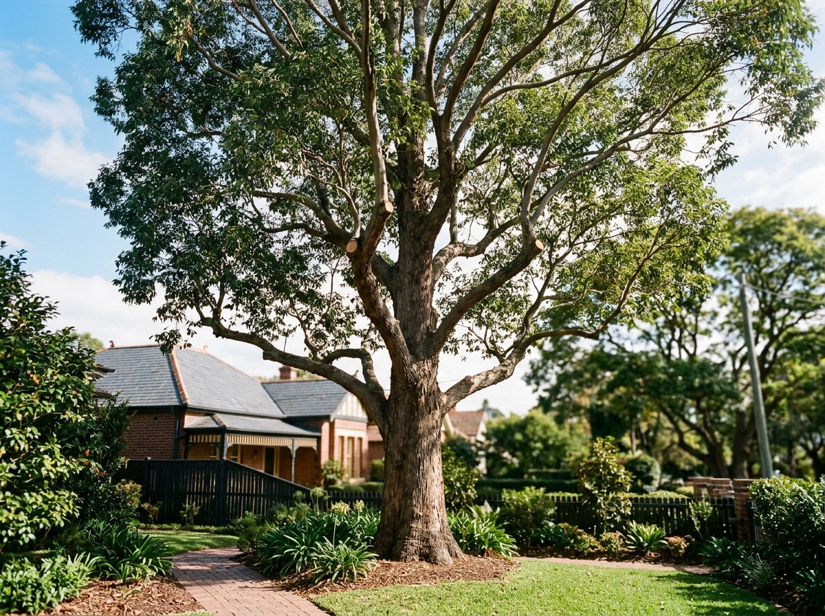 Mature heritage tree with carefully pruned crown in suburban Sydney garden, period fencing visible in background.
