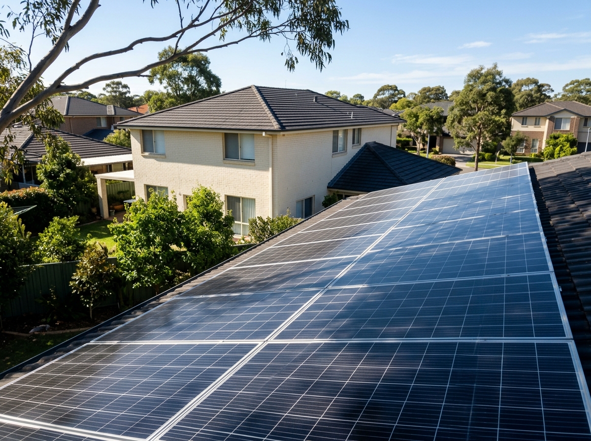 Solar panels on a residential rooftop with a tree branch casting a shadow across the surface, showing contrast between lit and shaded cells.