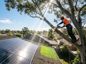 Tree branch being pruned to allow sunlight through to solar panels on a residential roof below