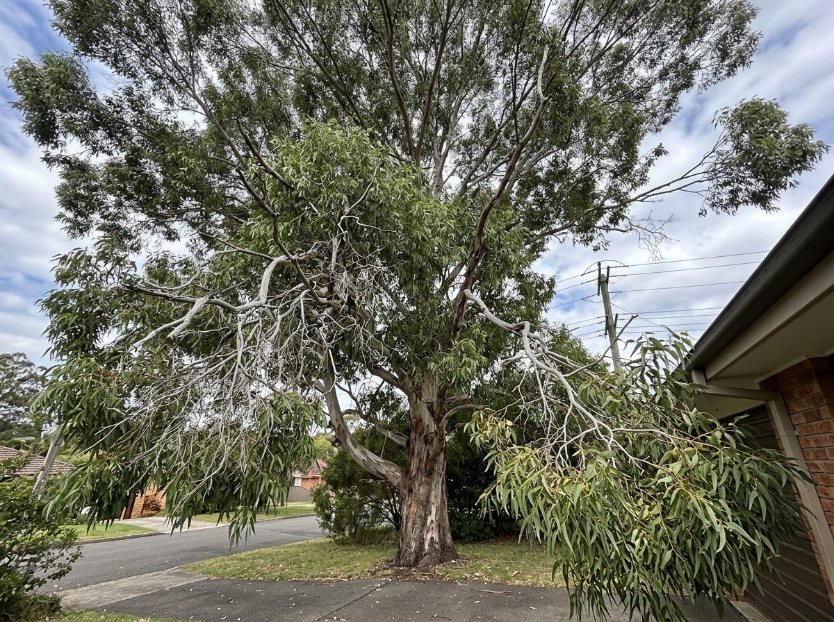 Mature eucalyptus tree with dead branches among green foliage near a house and power lines, with open ground space.