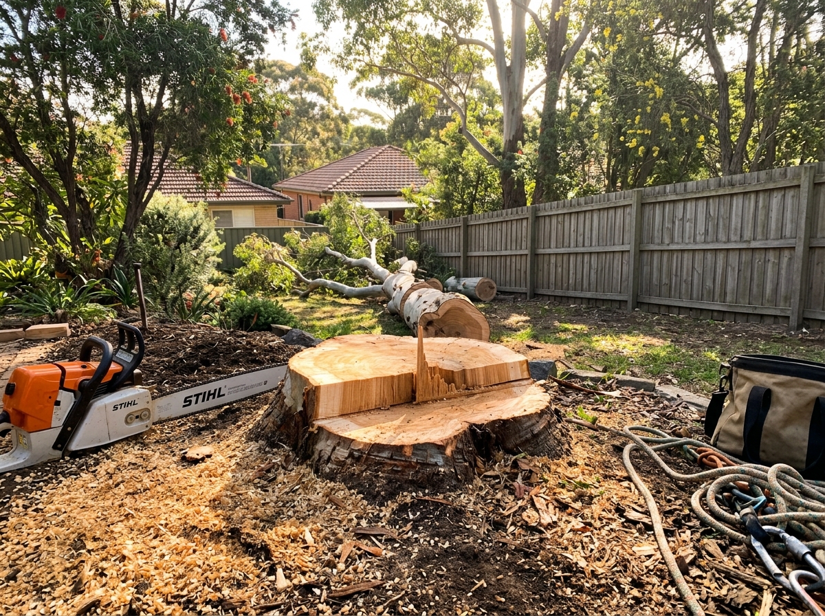 Large tree being professionally felled with precision equipment, trunk sectioned cleanly with wood chips scattered in suburban Sydney backya