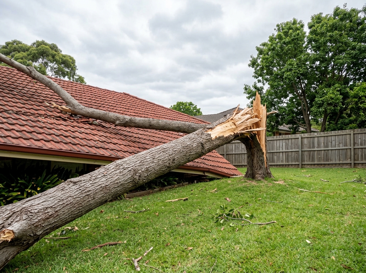 Large broken tree limb lying across a residential tile roof with exposed splintered wood, green lawn and fence visible below.