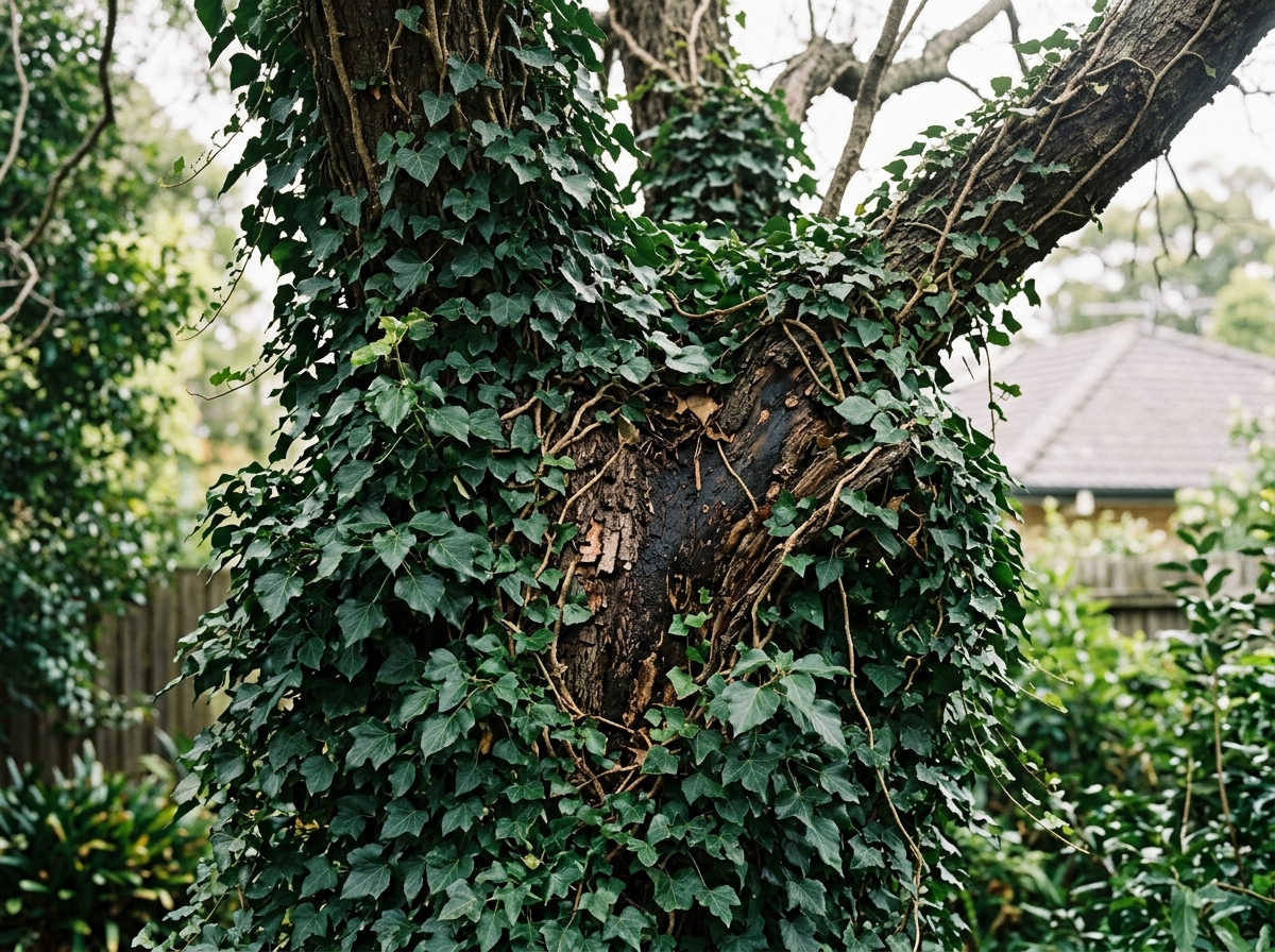 Dense English ivy covering a tree trunk and branches, showing torn bark, weakened limbs, and moisture damage in daylight.