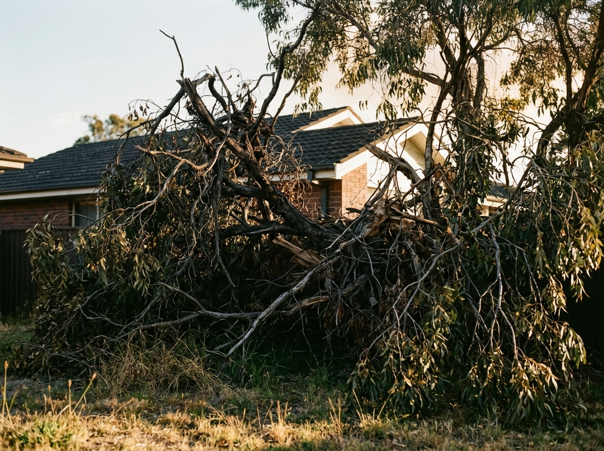 Overgrown tree with dead branches near a house roof in suburban Sydney, with dry grass and clear sky visible