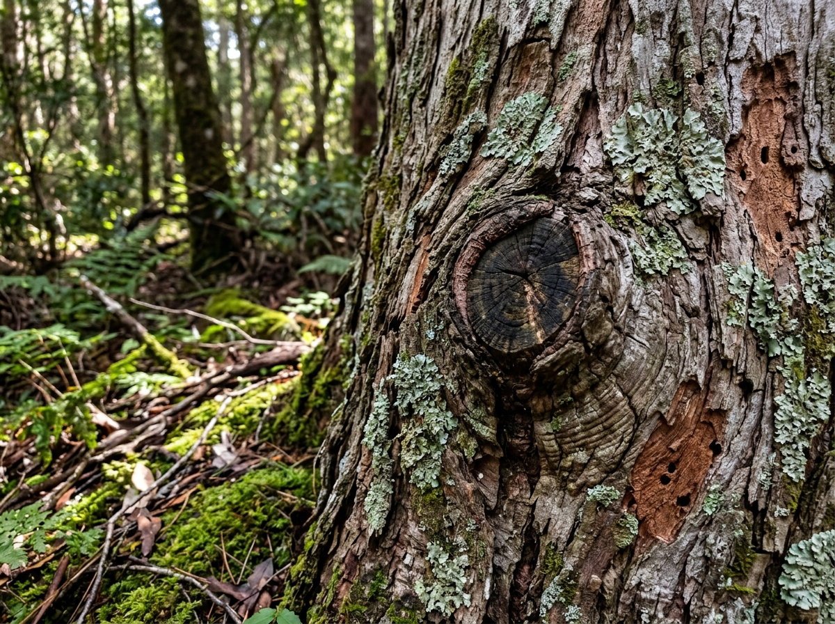 Close-up of weathered tree bark showing growth rings, lichen patterns, and a healing pruning scar, with moss-covered forest floor and dapple