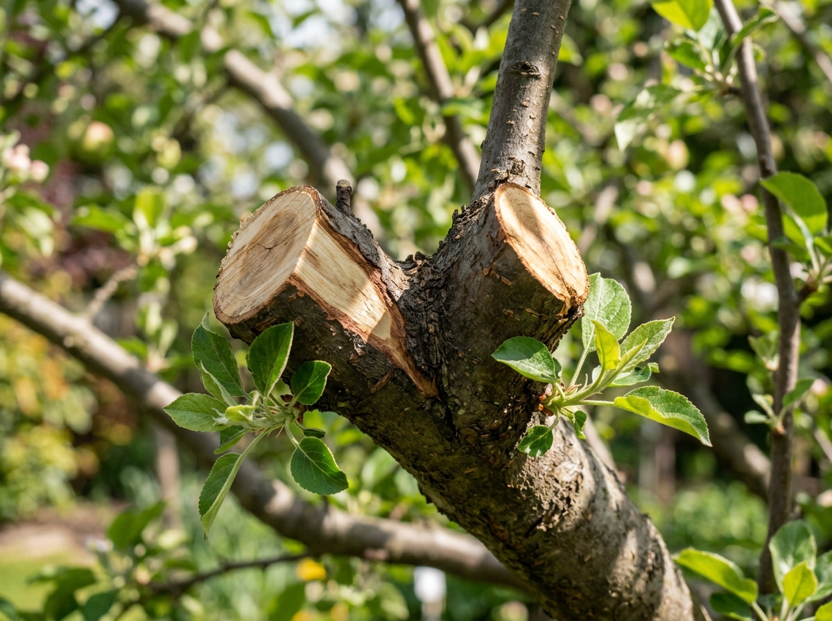 Close-up of tree branch showing angled pruning cuts with healthy wood grain and new growth emerging, in morning light.